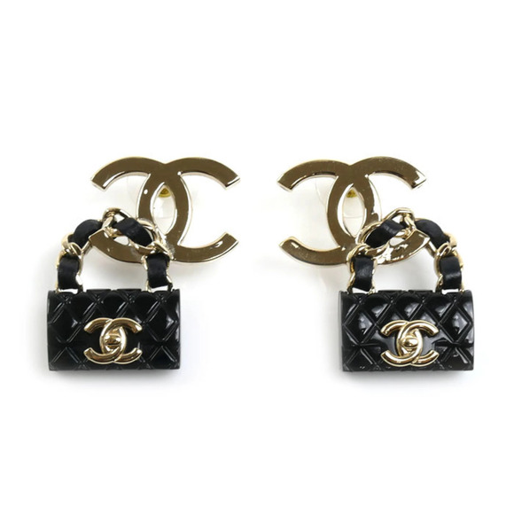 CHANEL Authentic Black Leather Logo Earrings